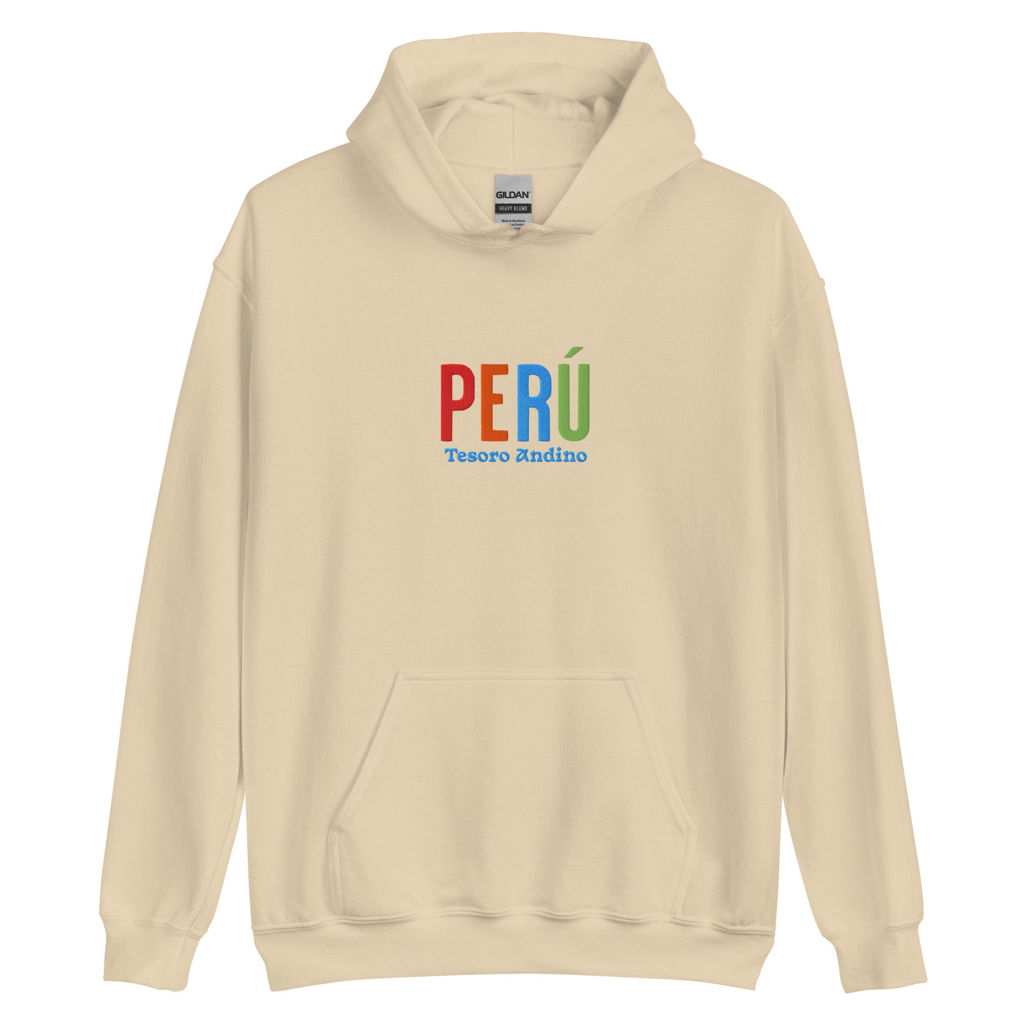 Hoodie bordado con la frase “Tesoro Andino”, inspiración cultural de Perú.